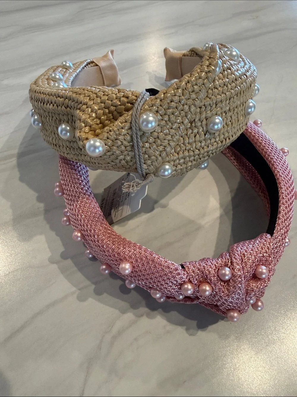 a new day Pearl-Embellished Straw and Pink Knitted Headbands